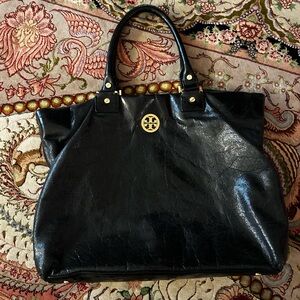 Tory Burch Distressed Black Leather with Gold Hardware Dena Tote